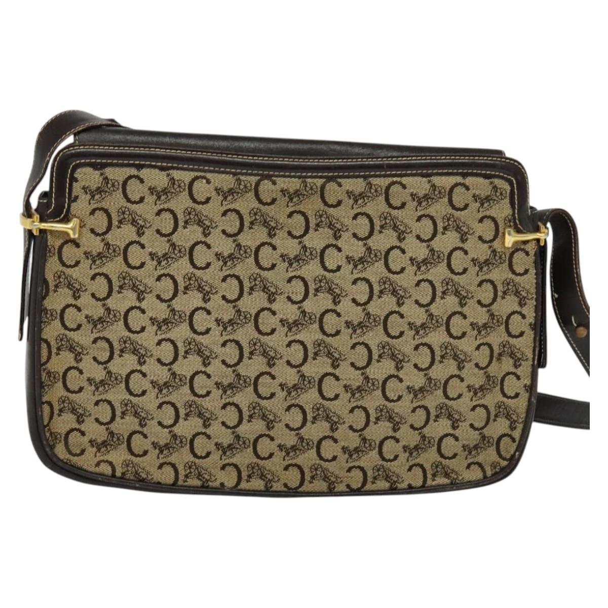 CELINE C Sulky Shoulder Bag Canvas Beige Gold Auth 117907