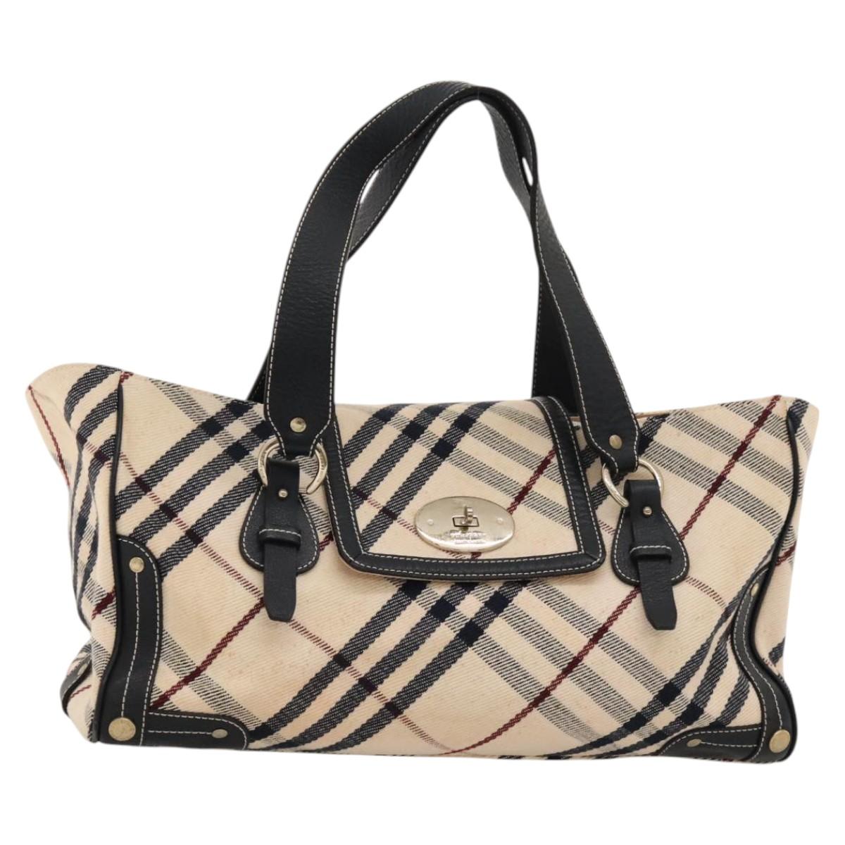 BURBERRY Nova Check Blue Label Tote Bag Canvas Beige Gold Auth 117928