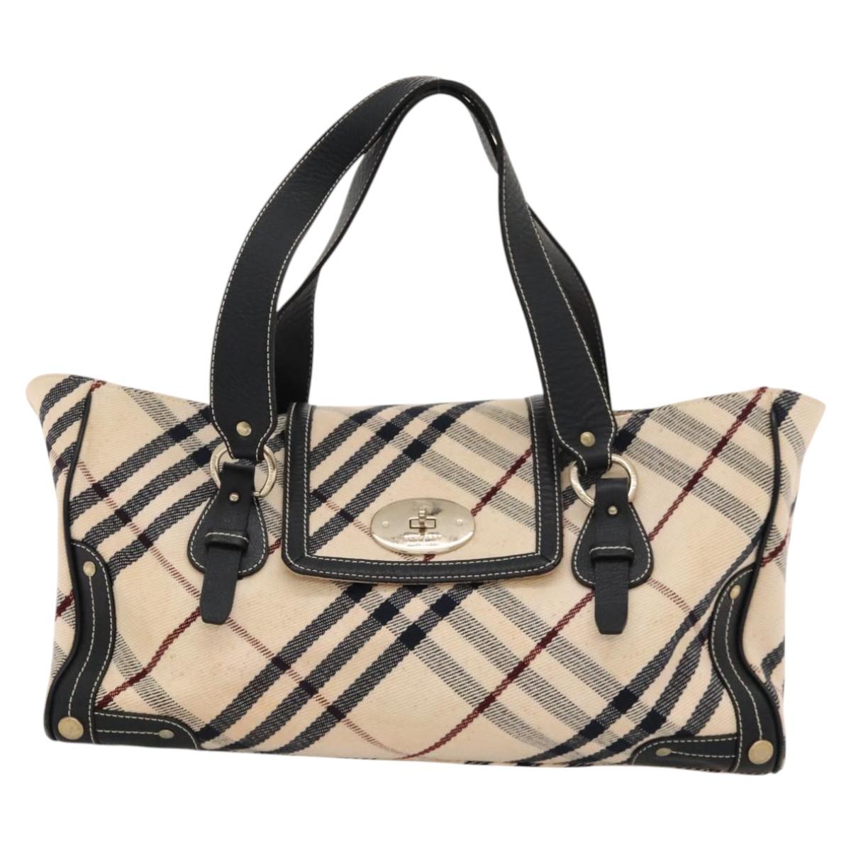 BURBERRY Nova Check Blue Label Tote Bag Canvas Beige Gold Auth 117928