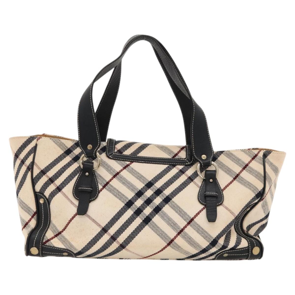 BURBERRY Nova Check Blue Label Tote Bag Canvas Beige Gold Auth 117928