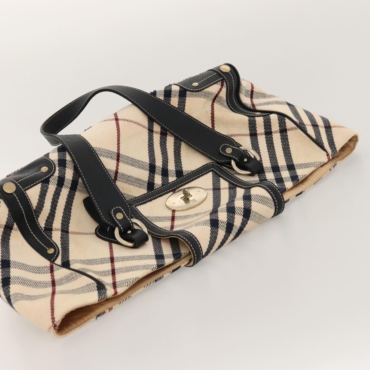 BURBERRY Nova Check Blue Label Tote Bag Canvas Beige Gold Auth 117928