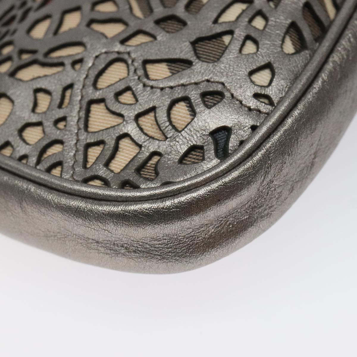 BURBERRY Nova Check Accessory Pouch Leather Silver Auth 118011