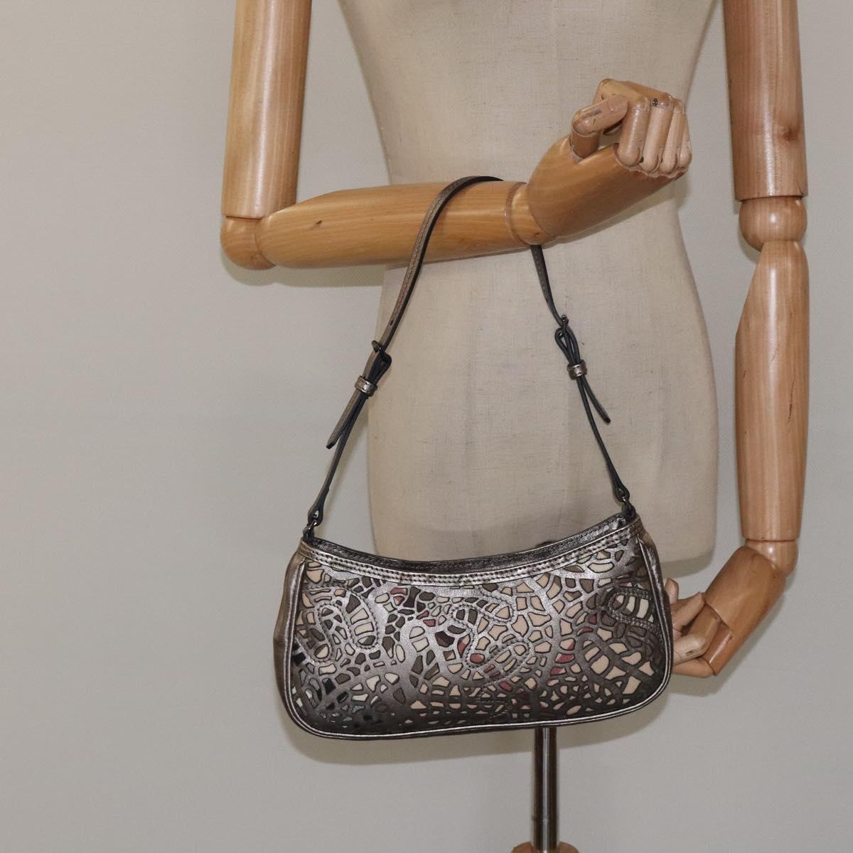 BURBERRY Nova Check Accessory Pouch Leather Silver Auth 118011