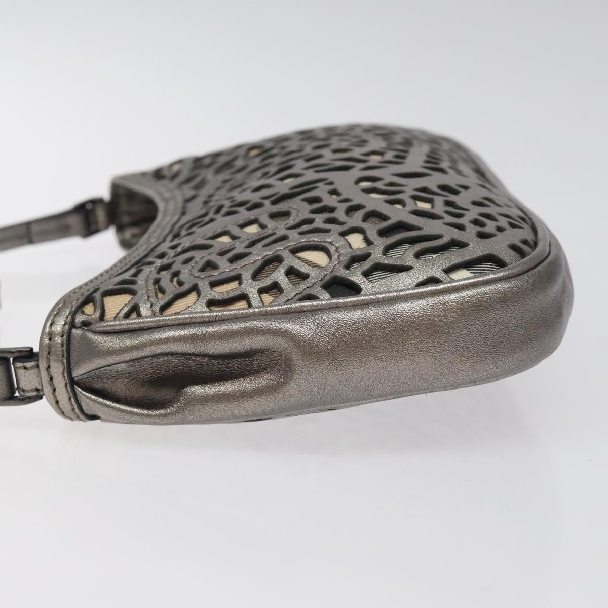 BURBERRY Nova Check Accessory Pouch Leather Silver Auth 118011