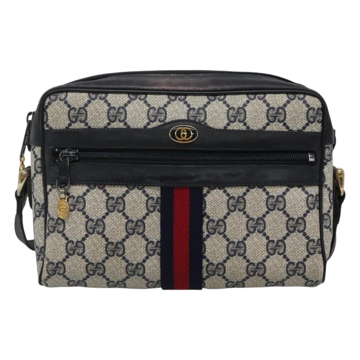 GUCCI GG Supreme Sherry Line Shoulder Bag PVC Navy Gold 32.001.3654 Auth 118021
