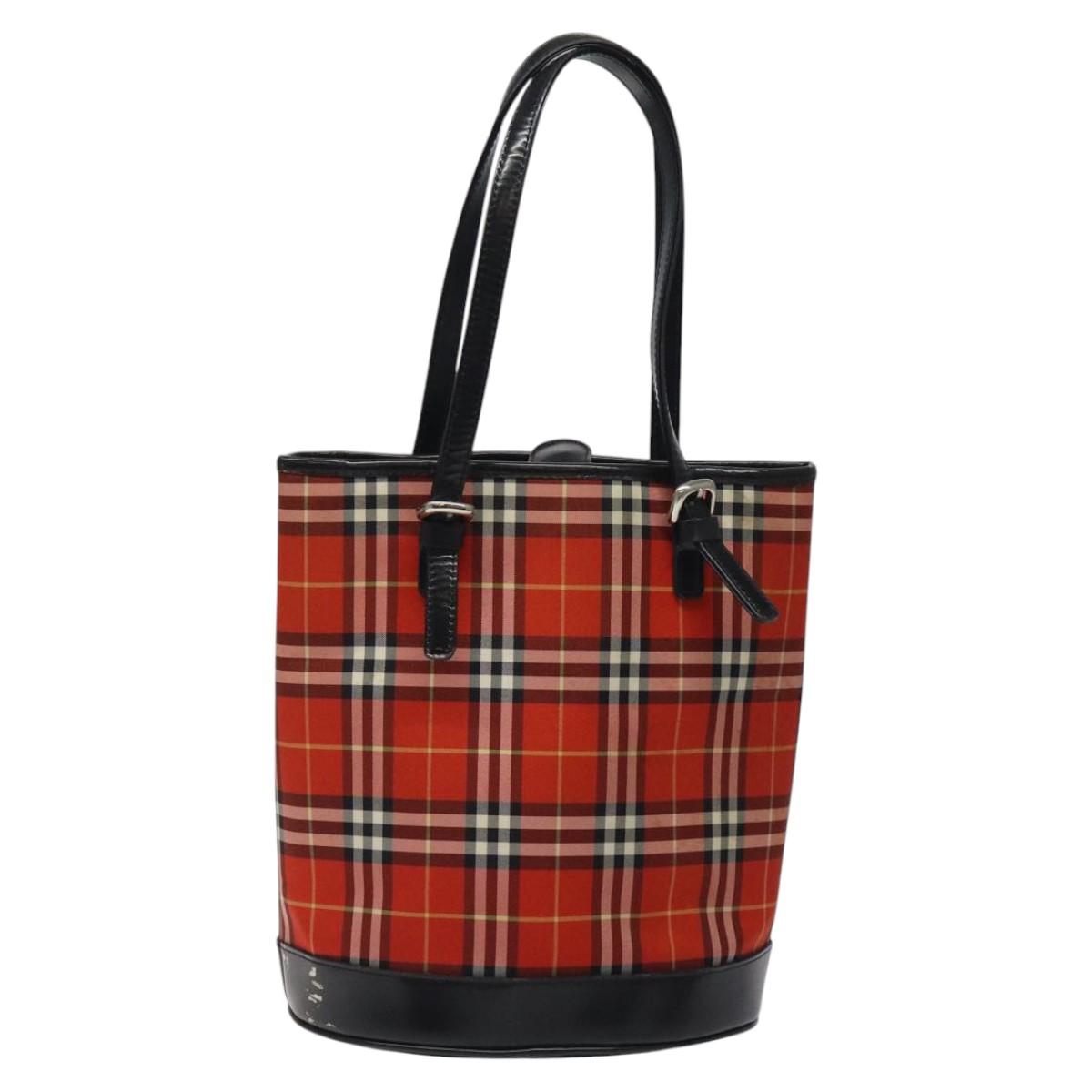 Burberrys Nova Check Blue Label Hand Bag Canvas Red Silver Auth 118022