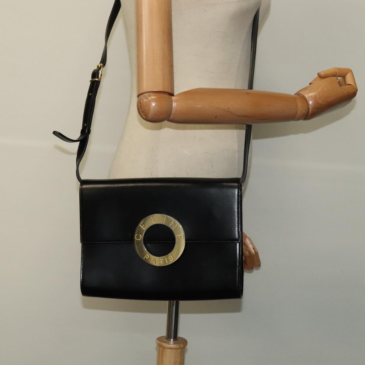 CELINE Circle Shoulder Bag Leather Black Gold Auth 118035