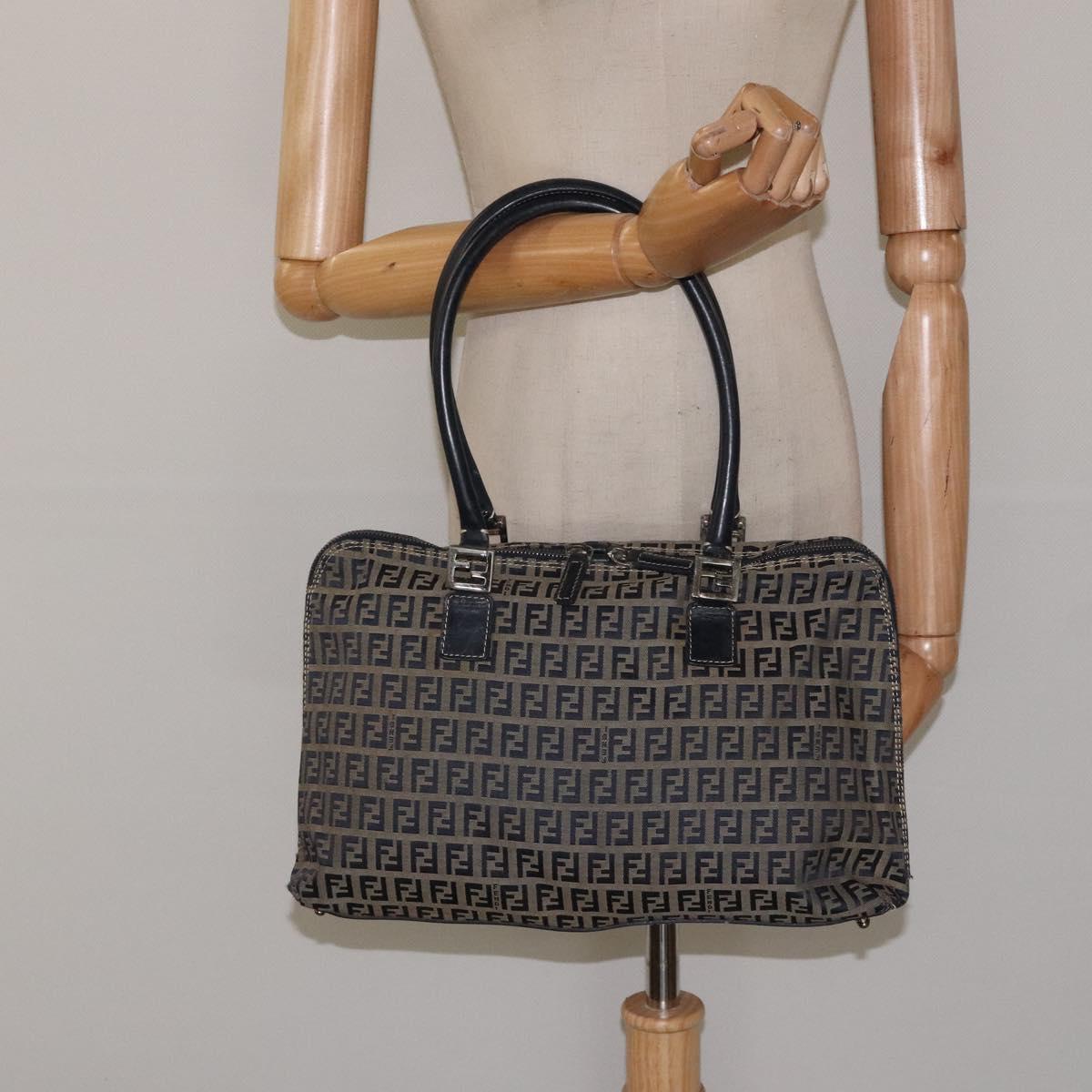 FENDI Zucchino Canvas Hand Bag Navy Silver Auth 118049