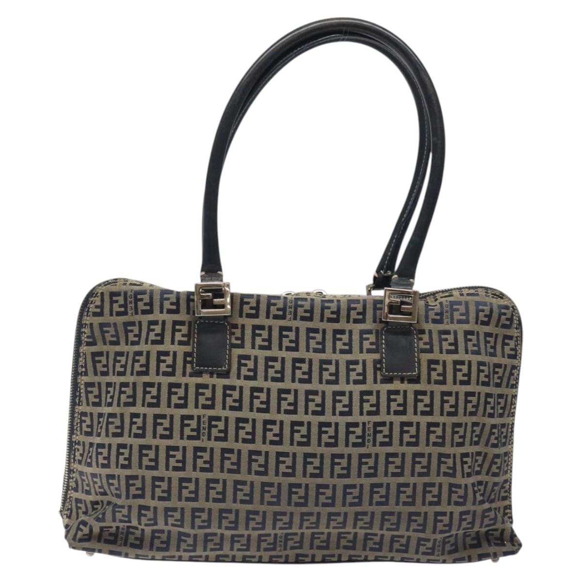 FENDI Zucchino Canvas Hand Bag Navy Silver Auth 118049