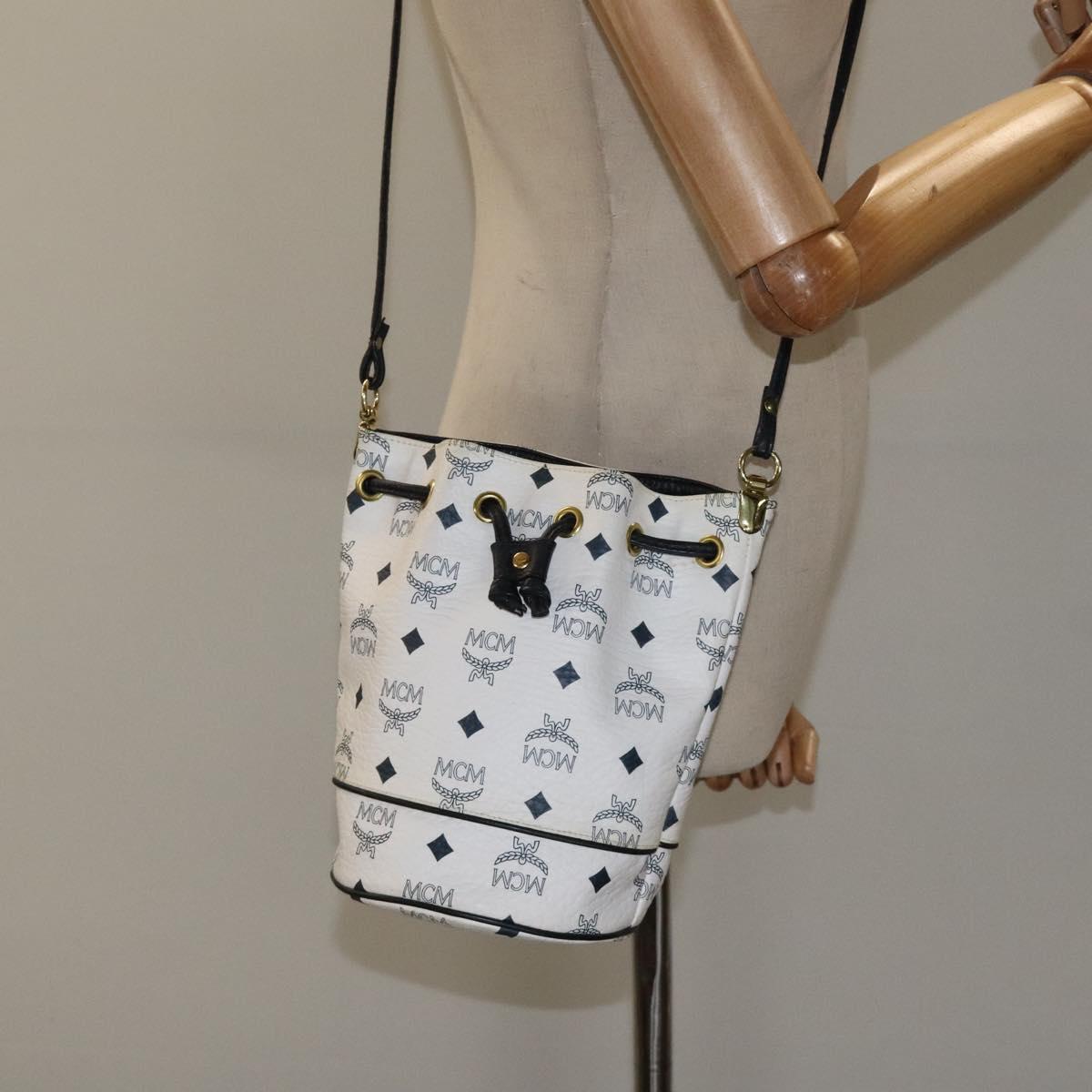 MCM Logogram Vicetos Shoulder Bag PVC Leather White Gold Auth 118053