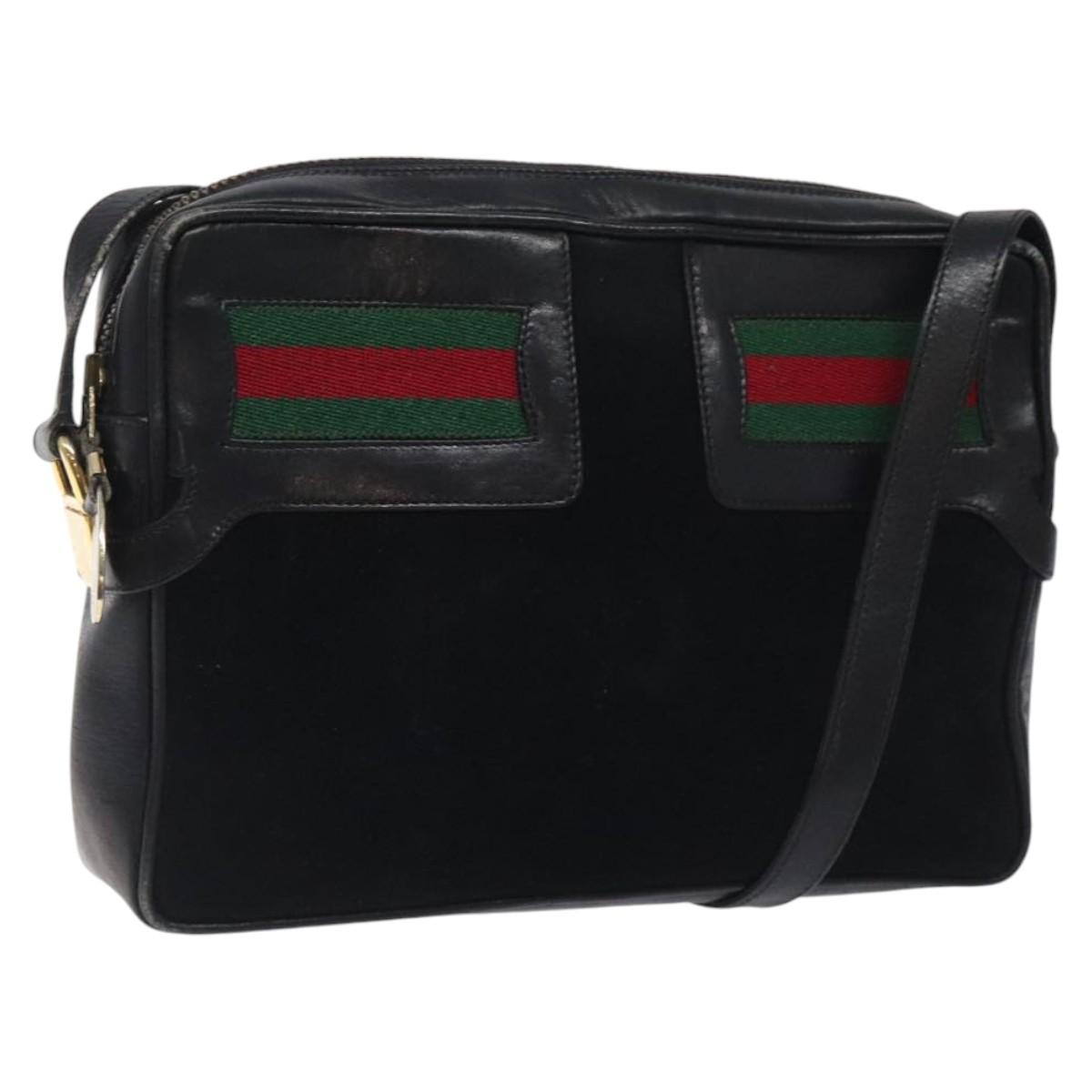 GUCCI Web Sherry Line Shoulder Bag Suede Black Gold Red Auth 118069