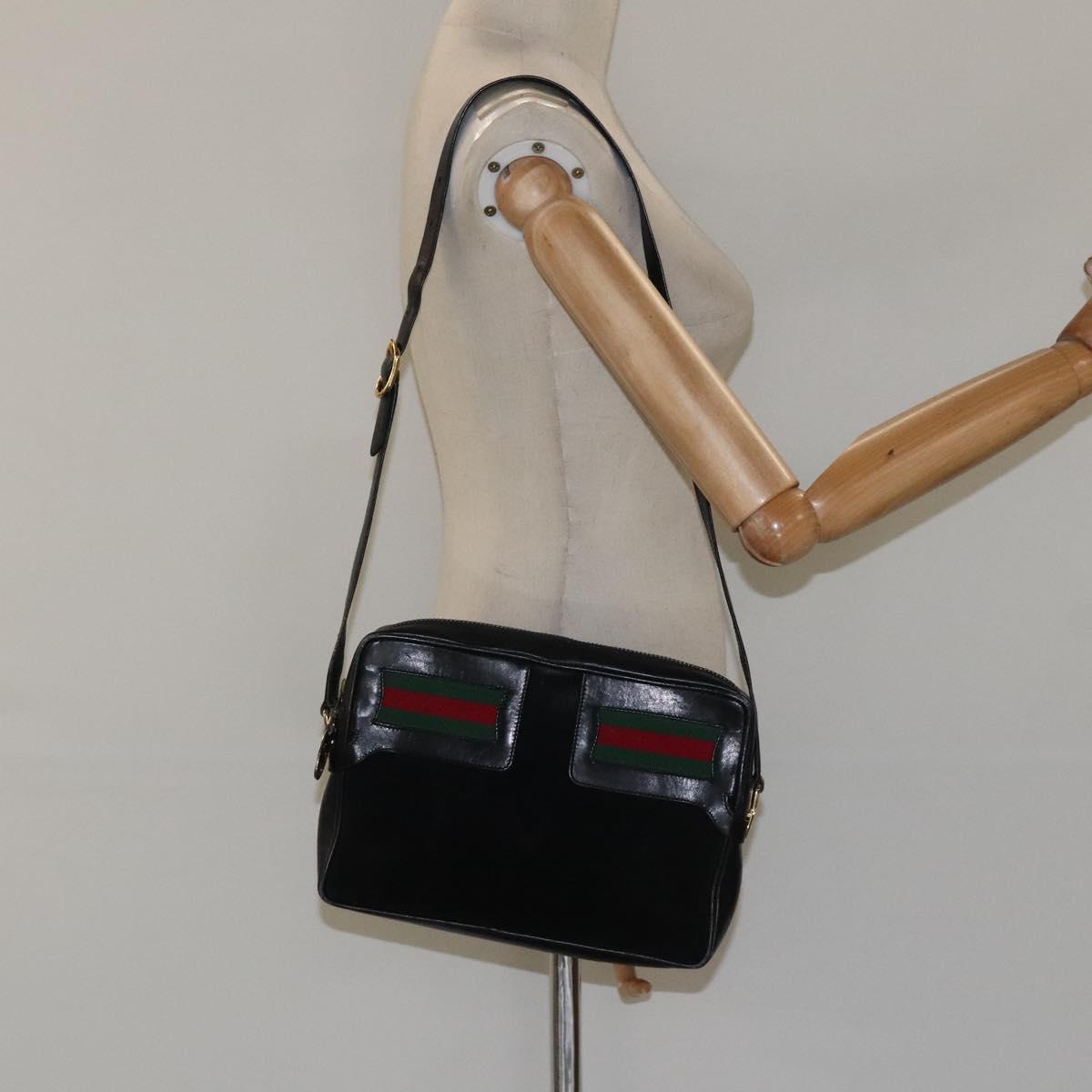 GUCCI Web Sherry Line Shoulder Bag Suede Black Gold Red Auth 118069