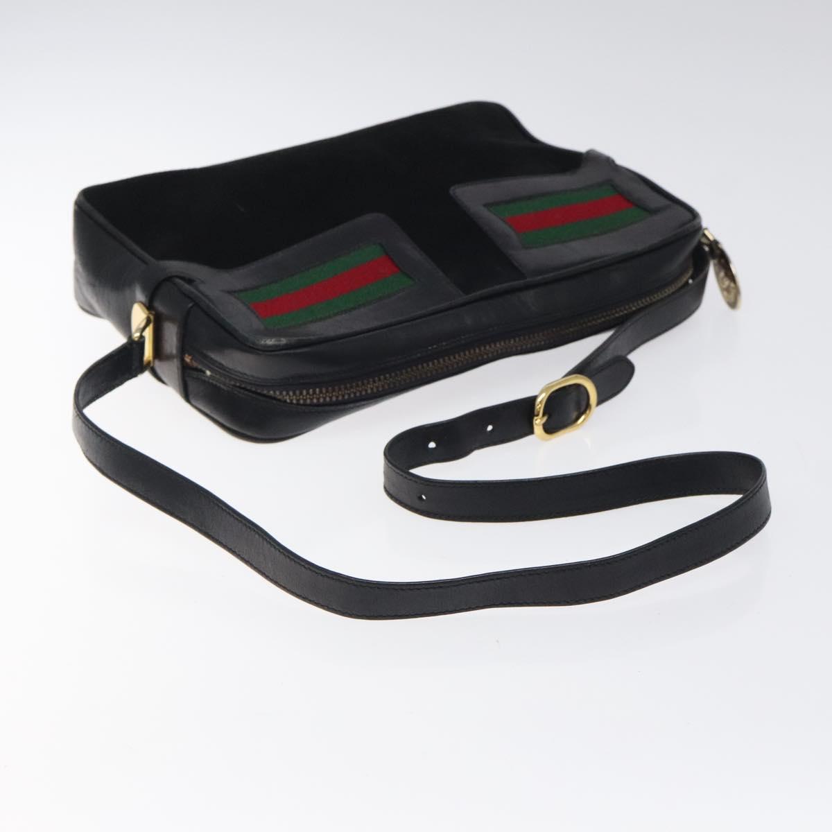 GUCCI Web Sherry Line Shoulder Bag Suede Black Gold Red Auth 118069