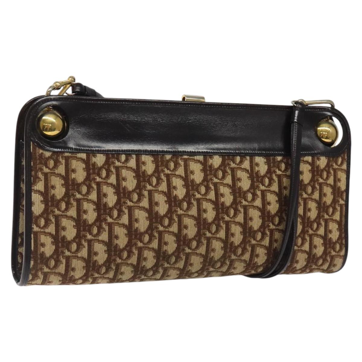 Christian Dior Trotter Canvas Shoulder Bag Brown Gold Auth 118076