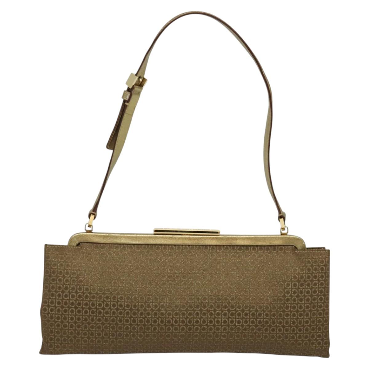 Salvatore Ferragamo Shoulder Bag Canvas Beige Gold Auth 118078A