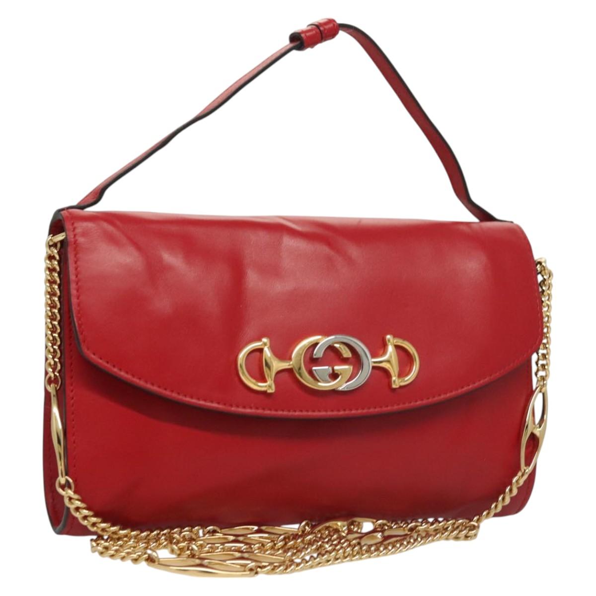 GUCCI Chain Shoulder Bag Leather Red Gold 572375 Auth 118122