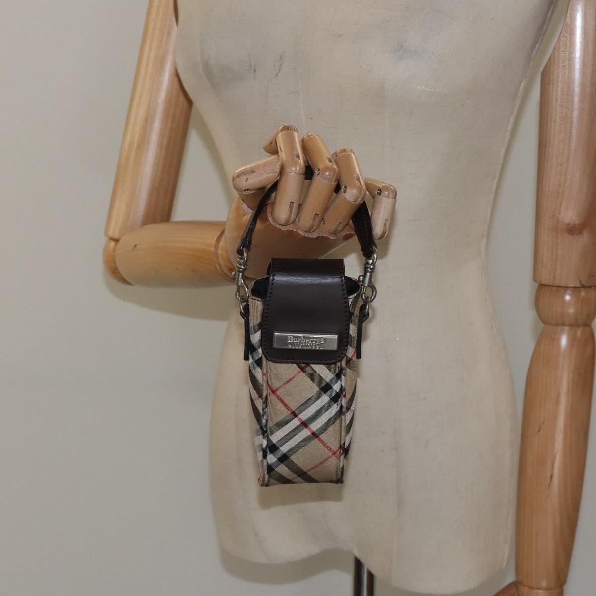 Burberrys Nova Check Blue Label Pouch Nylon Beige Silver Auth 118134