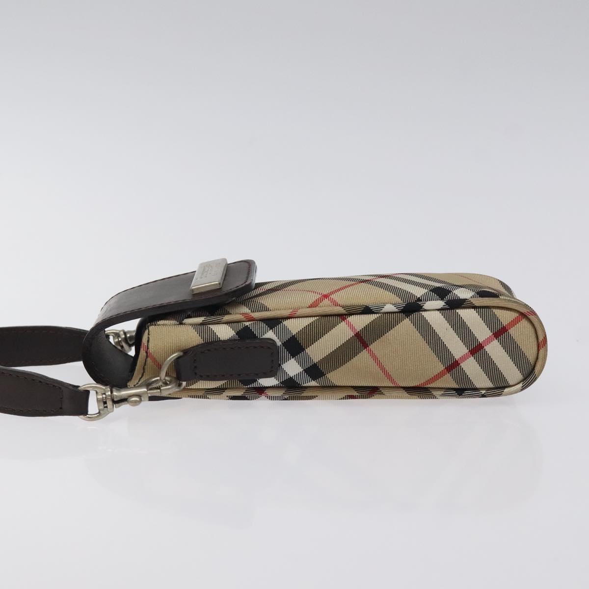 Burberrys Nova Check Blue Label Pouch Nylon Beige Silver Auth 118134