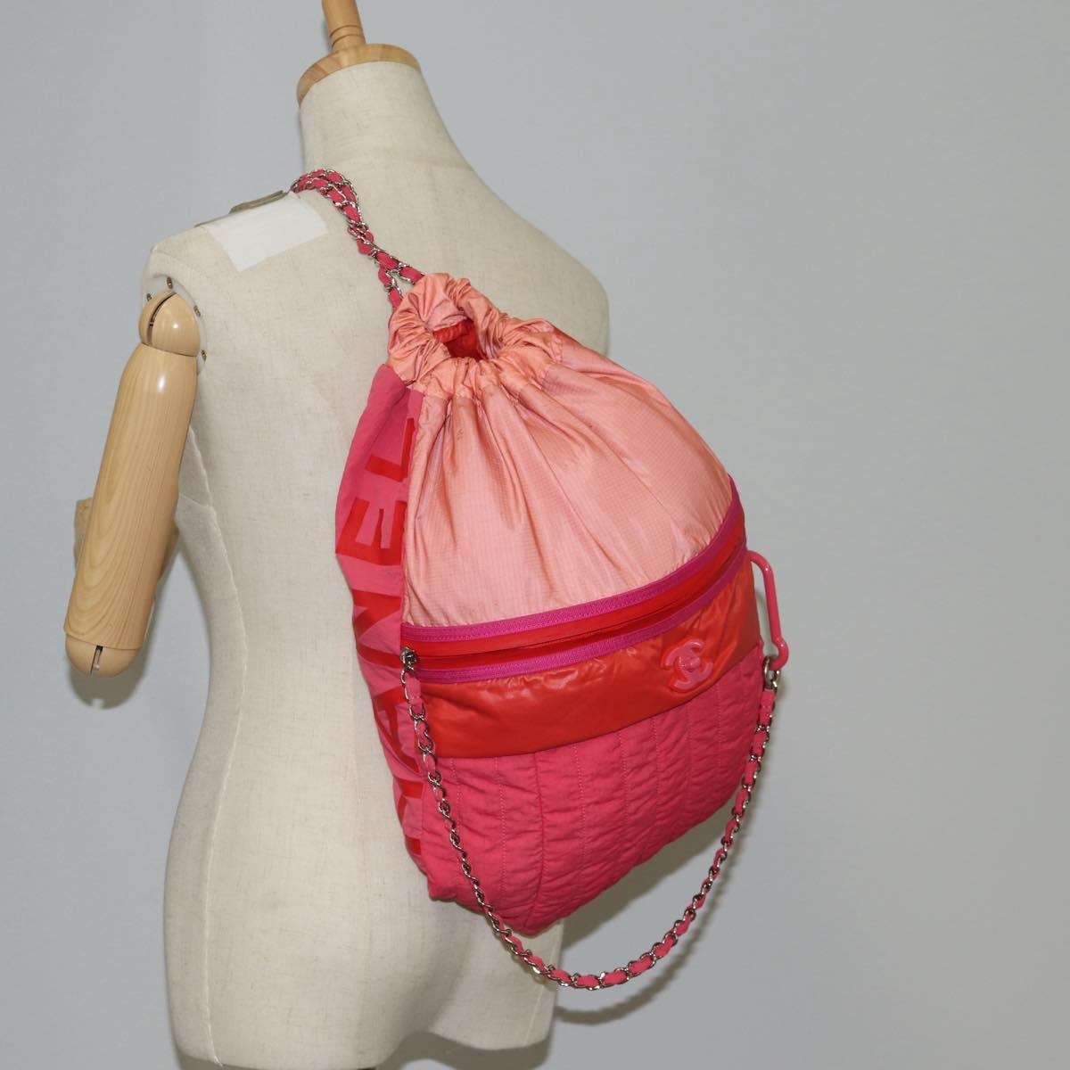 CHANEL Chain Backpack Nylon Pink Silver CC Auth 118138AM