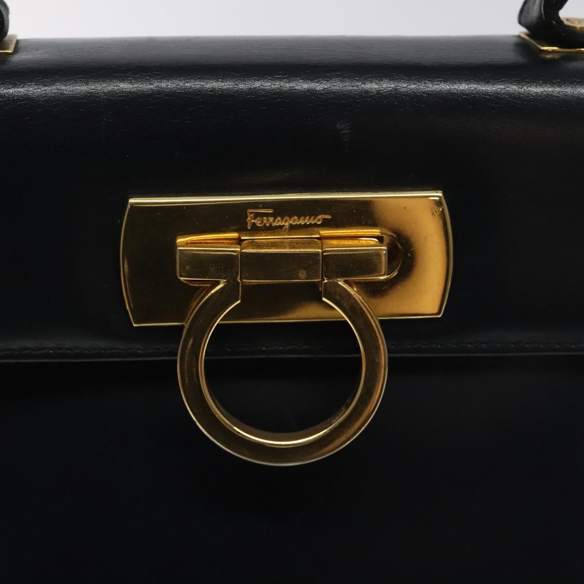 Salvatore Ferragamo Gancini Hand Bag Leather Navy Gold Auth 118152