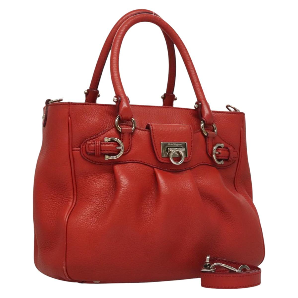 Salvatore Ferragamo Gancini Hand Bag Leather 2way Red Silver Auth 118153