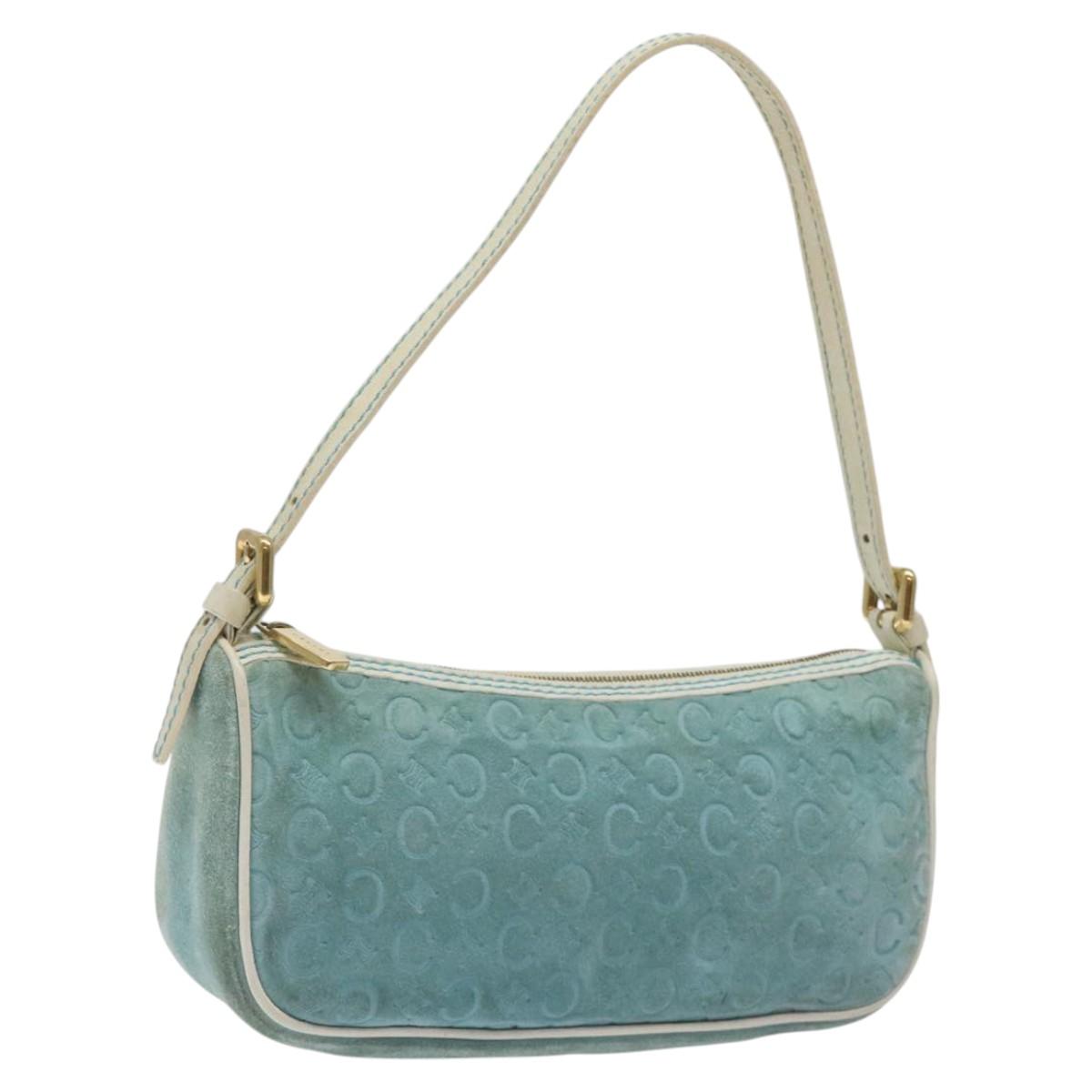 CELINE C Macadam Canvas Accessory Pouch Suede Light Blue Gold Auth 118180