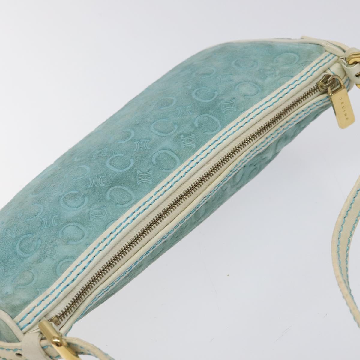 CELINE C Macadam Canvas Accessory Pouch Suede Light Blue Gold Auth 118180