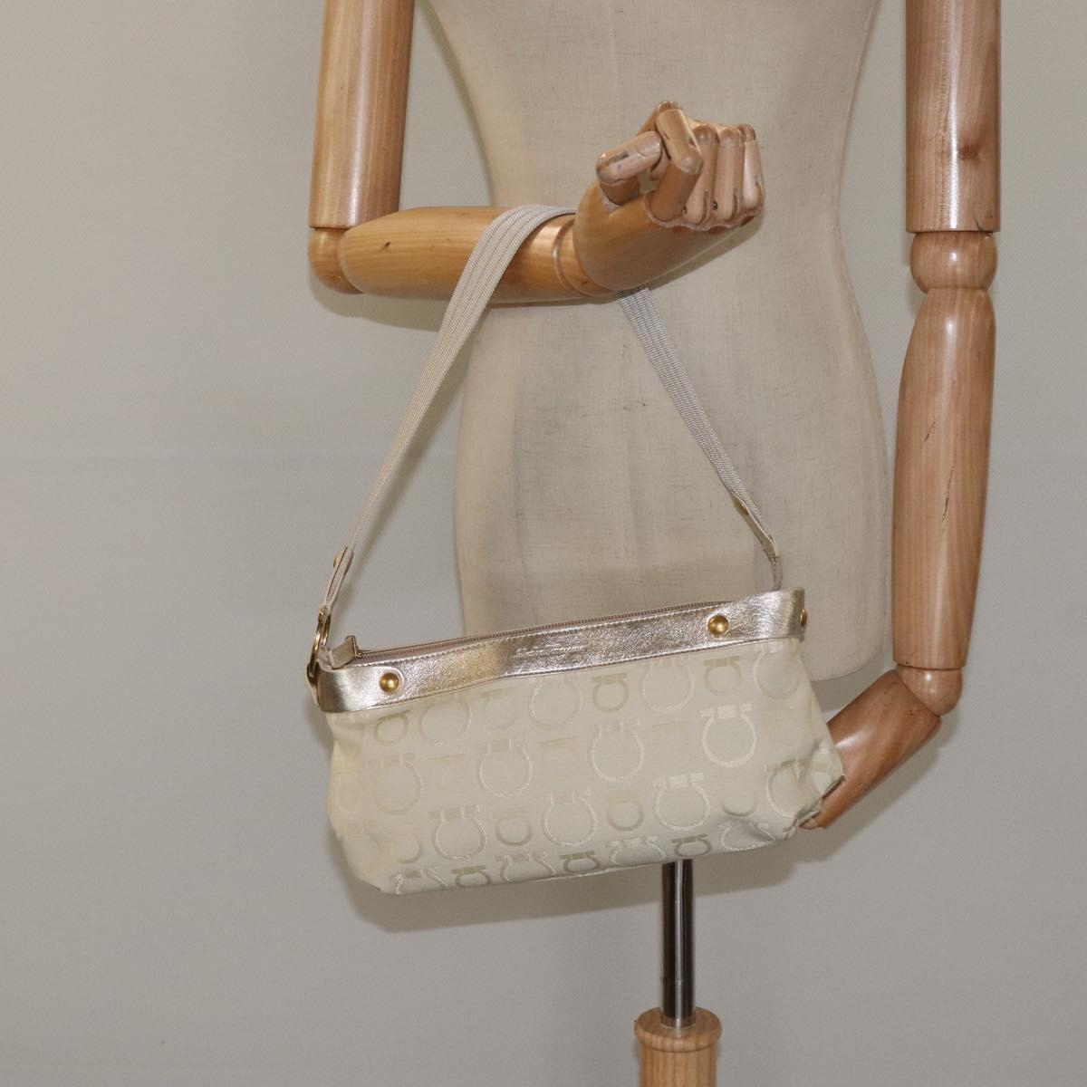 Salvatore Ferragamo Gancini Shoulder Bag Canvas Cream Gold Auth 118190