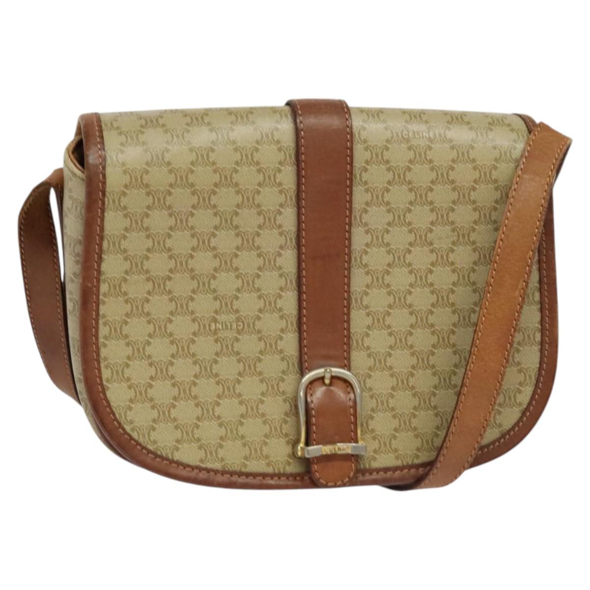 CELINE Macadam Canvas Shoulder Bag PVC Beige Gold Auth 118209