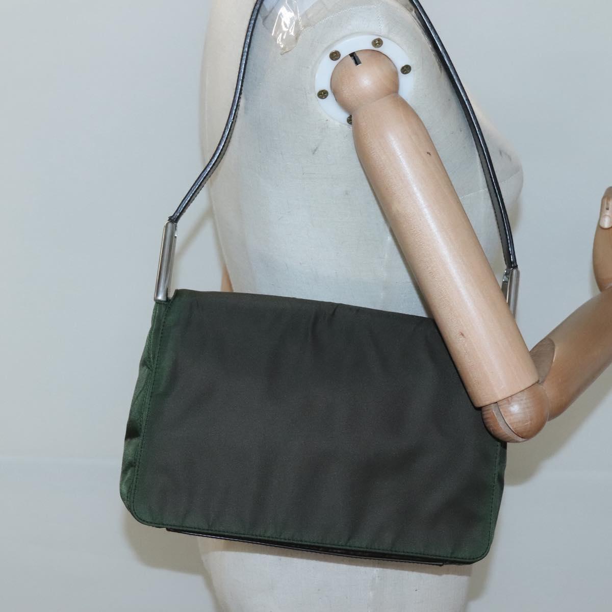 PRADA Shoulder Bag Nylon Khaki Silver Auth 118216