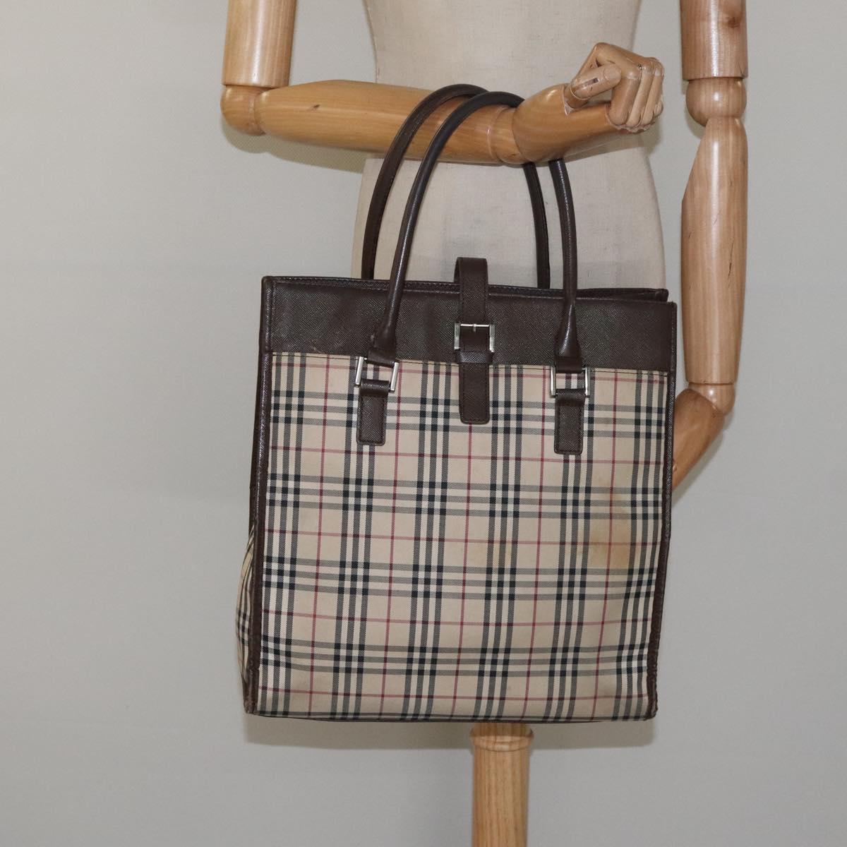 BURBERRY Nova Check Tote Bag Canvas Beige Silver Auth 118228