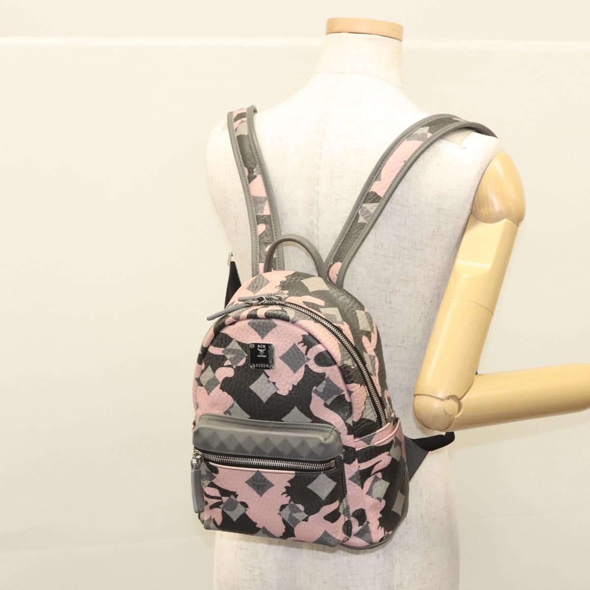 MCM Vicetos Logogram Backpack PVC Leather Pink Silver Auth 118259