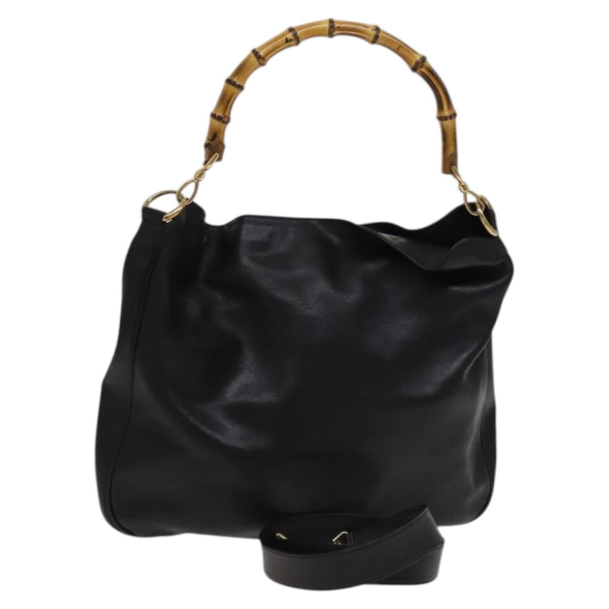 GUCCI Bamboo Hand Bag Leather Black Gold 001 2058 1577 0 Auth 118294