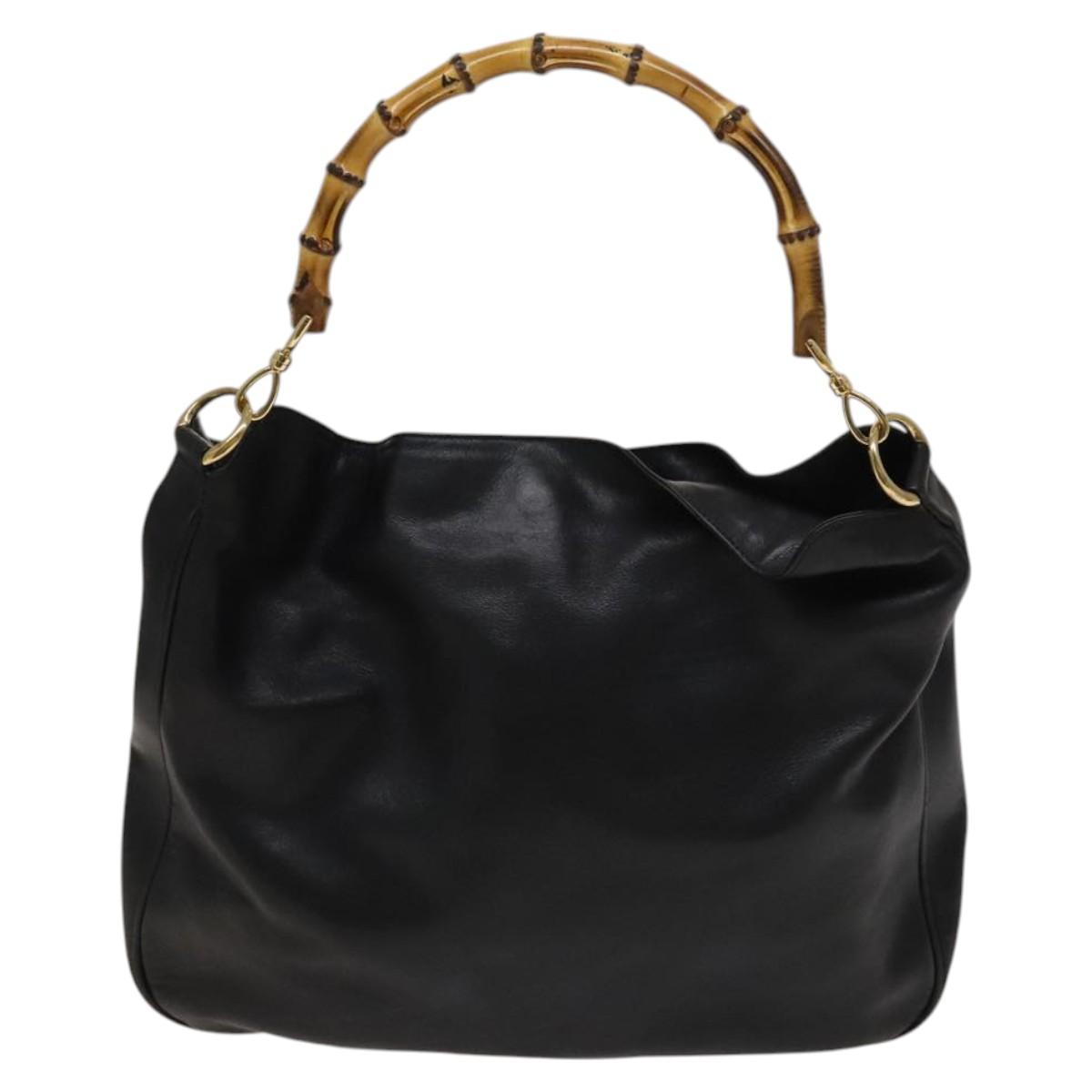 GUCCI Bamboo Hand Bag Leather Black Gold 001 2058 1577 0 Auth 118294