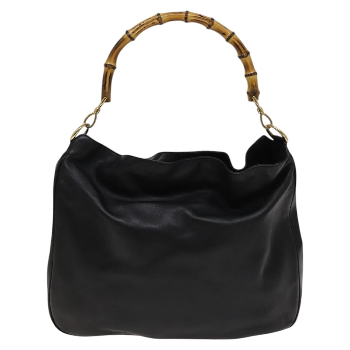 GUCCI Bamboo Hand Bag Leather Black Gold 001 2058 1577 0 Auth 118294