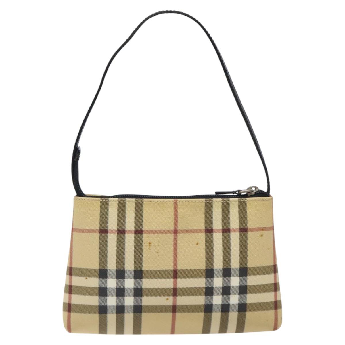 BURBERRY Nova Check Accessory Pouch PVC Beige Silver Auth 118331