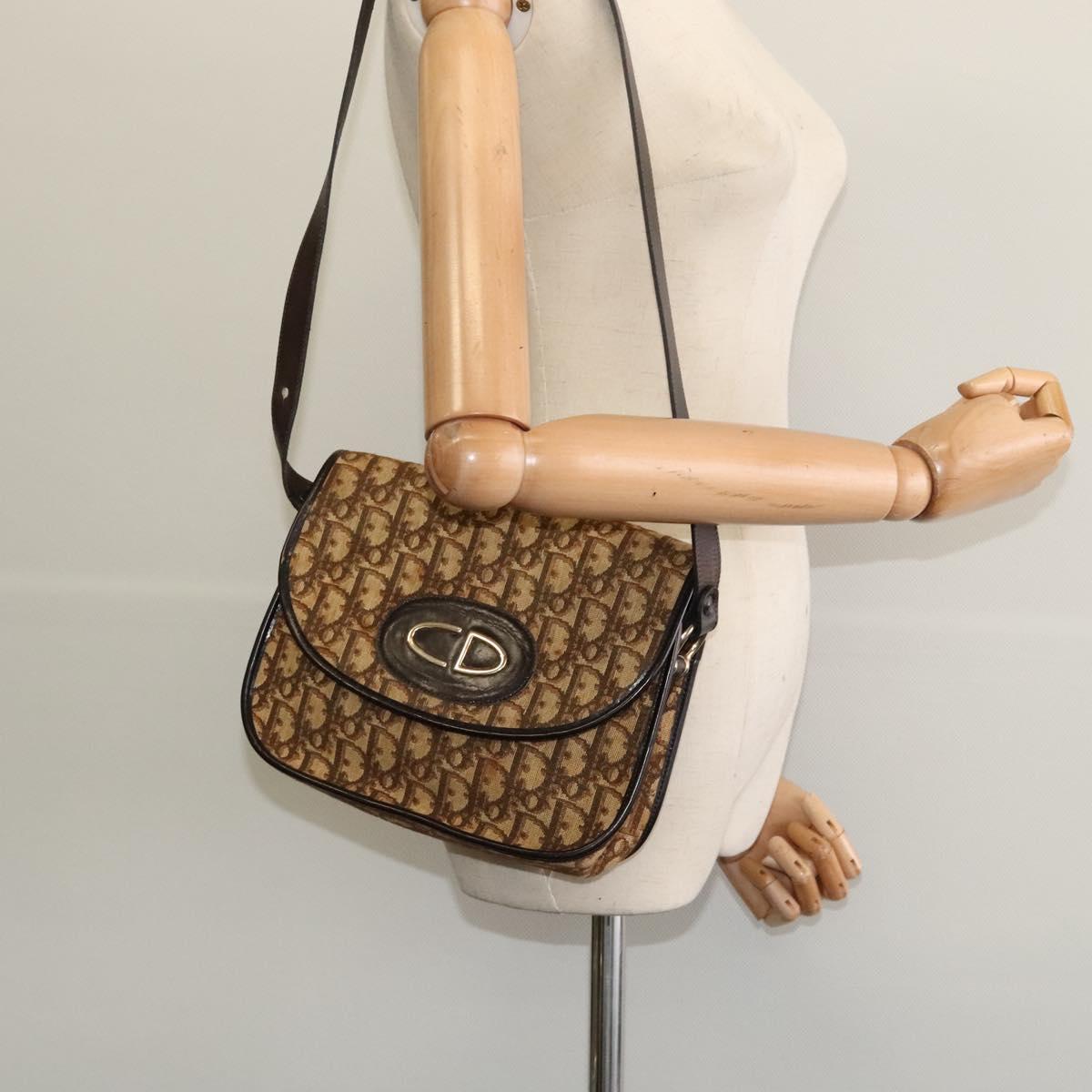 Christian Dior Trotter Canvas Shoulder Bag Brown Gold Auth 118335