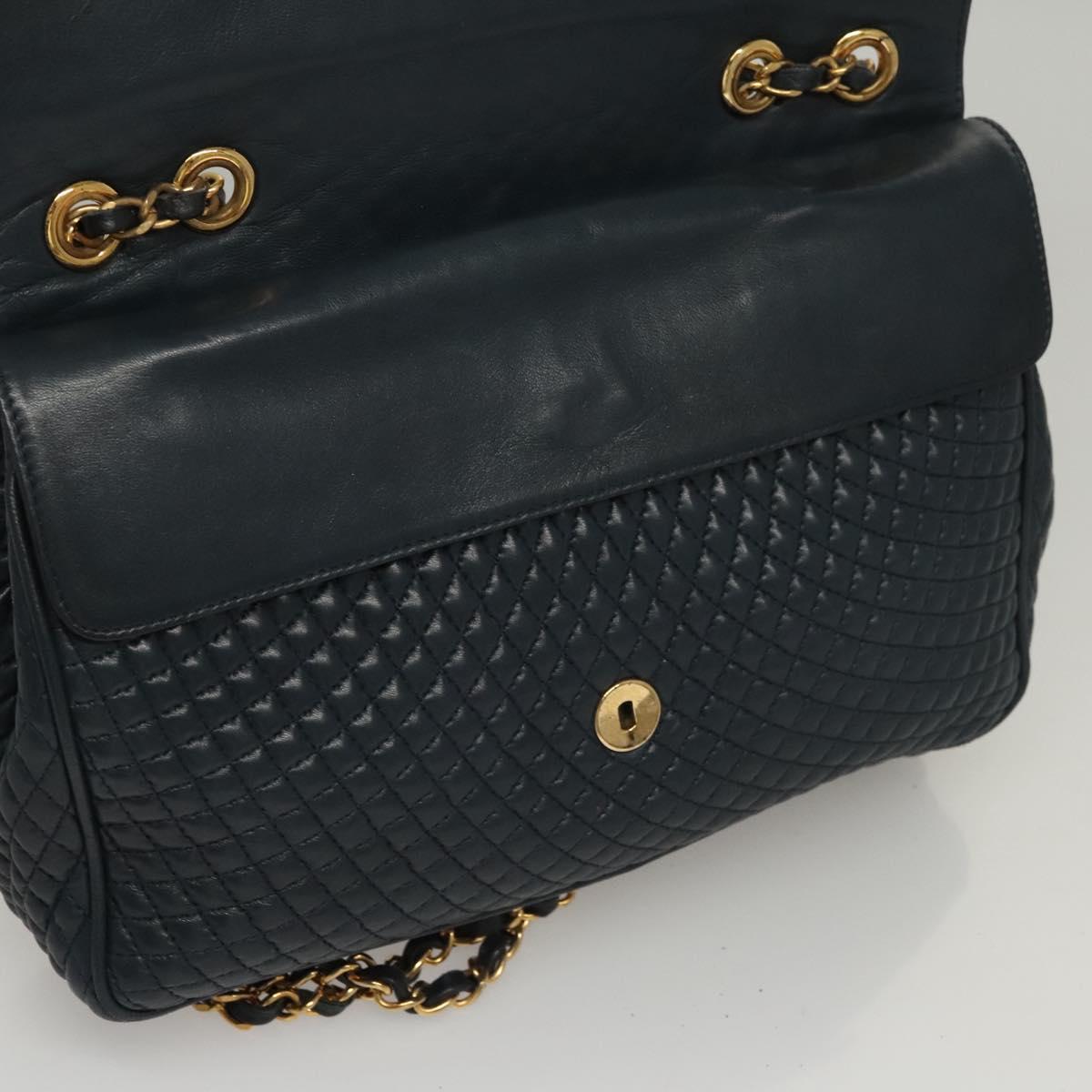 BALLY Chain Shoulder Bag Leather Navy Gold Auth 118337