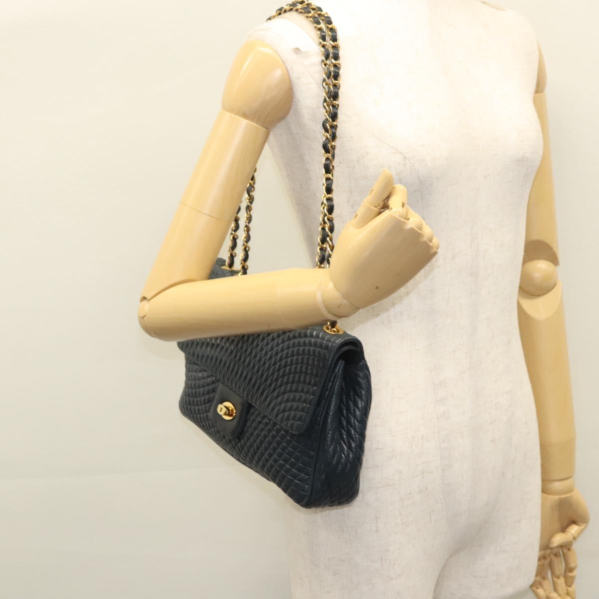 BALLY Chain Shoulder Bag Leather Navy Gold Auth 118337