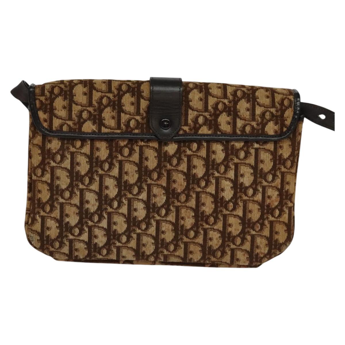 Christian Dior Trotter Canvas Shoulder Bag Brown Gold Auth 118343