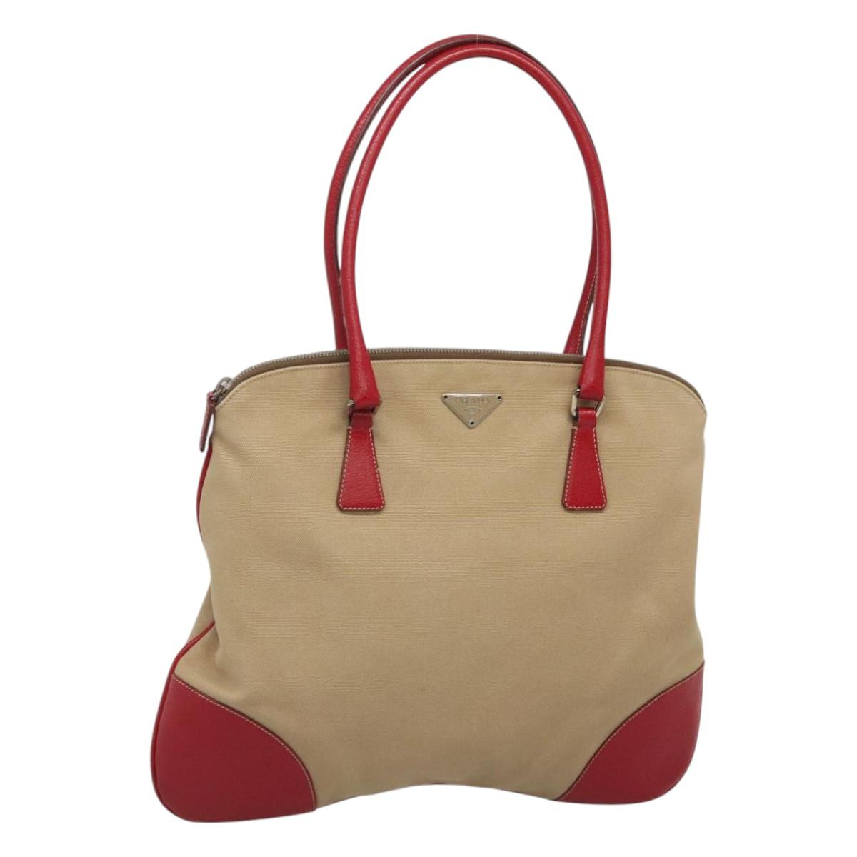 PRADA Hand Bag Canvas Beige Silver Auth 118360