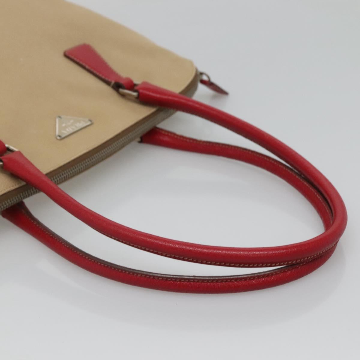 PRADA Hand Bag Canvas Beige Silver Auth 118360