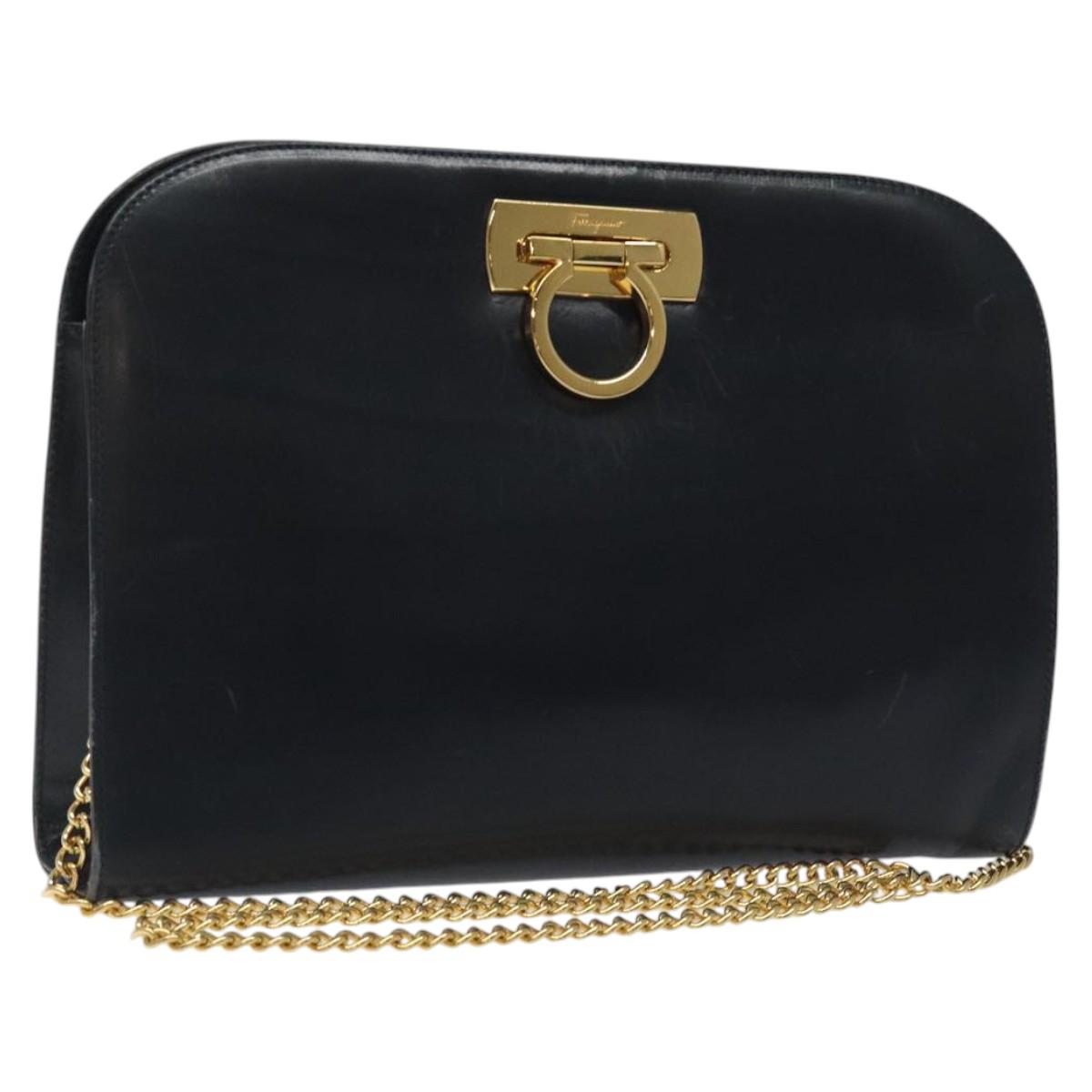 Salvatore Ferragamo Gancini Chain Shoulder Bag Leather Navy Gold Auth 118367