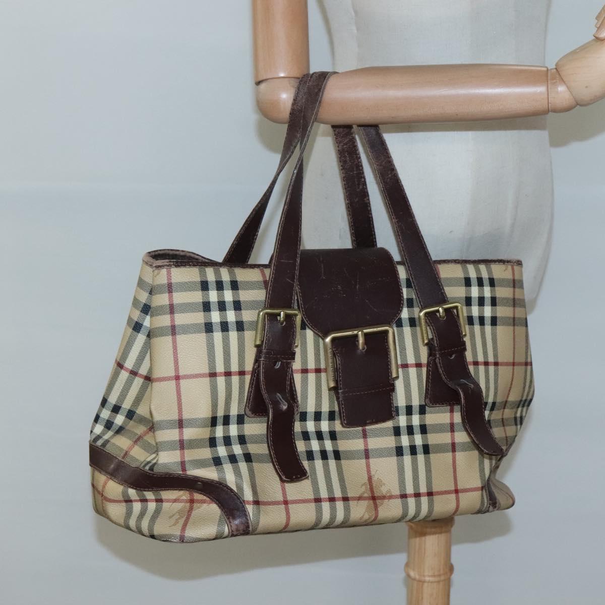 BURBERRY Nova Check Shoulder Bag PVC Beige Gold Auth 118369