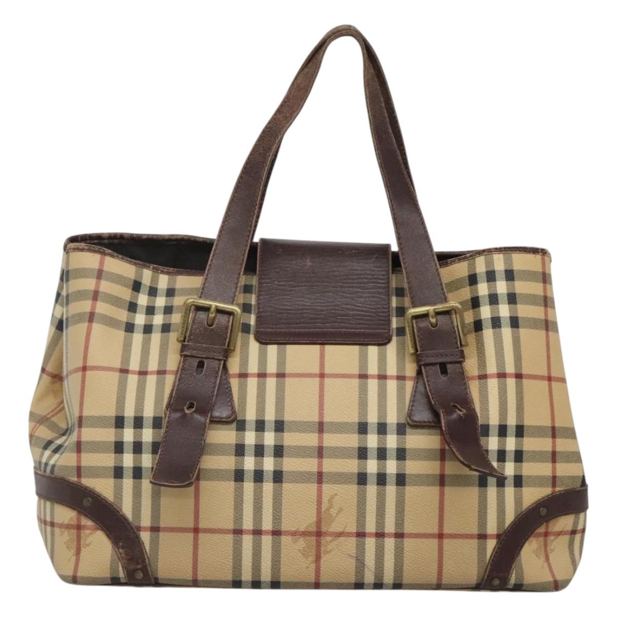 BURBERRY Nova Check Shoulder Bag PVC Beige Gold Auth 118369