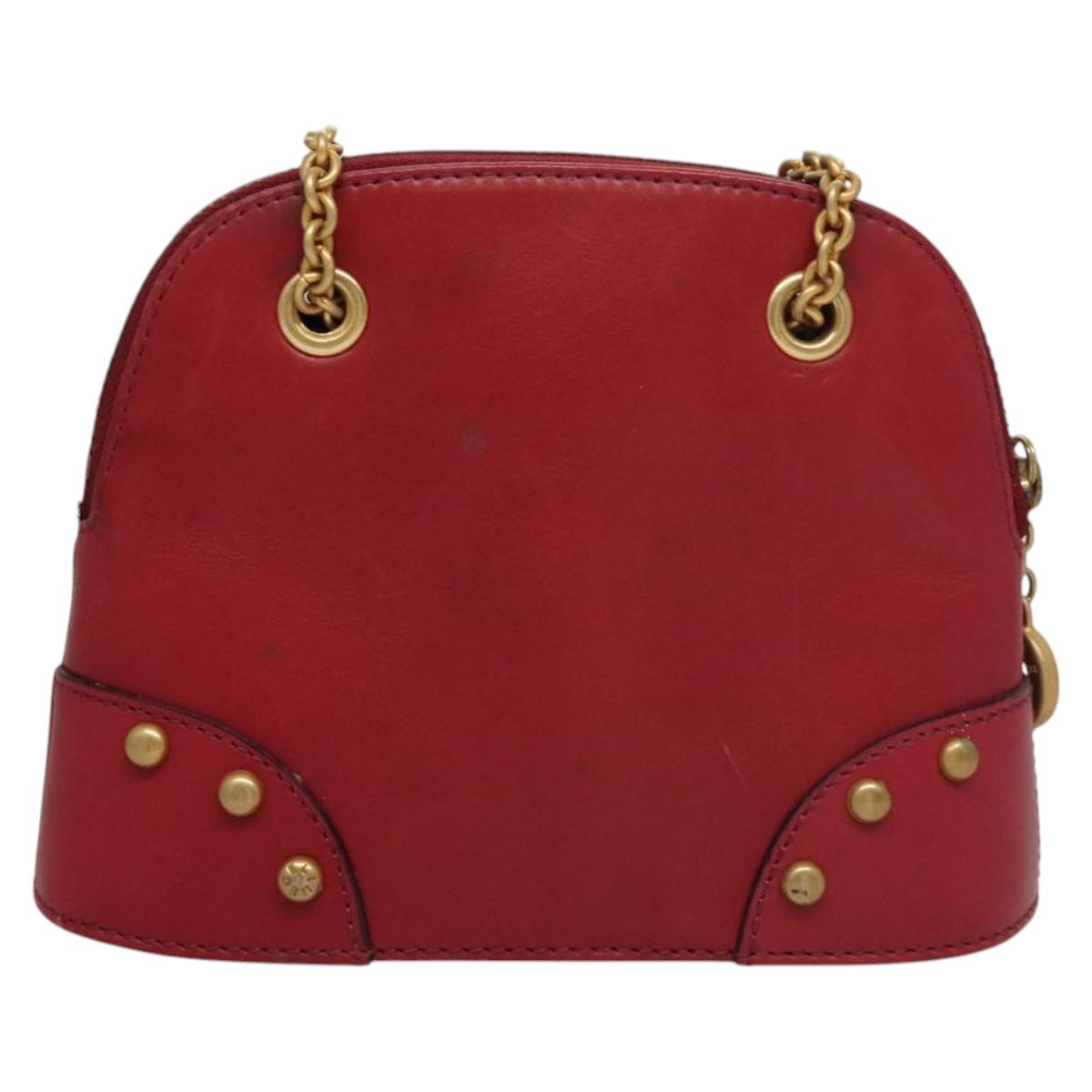 CELINE Chain Shoulder Bag Leather Red Gold Auth 118372