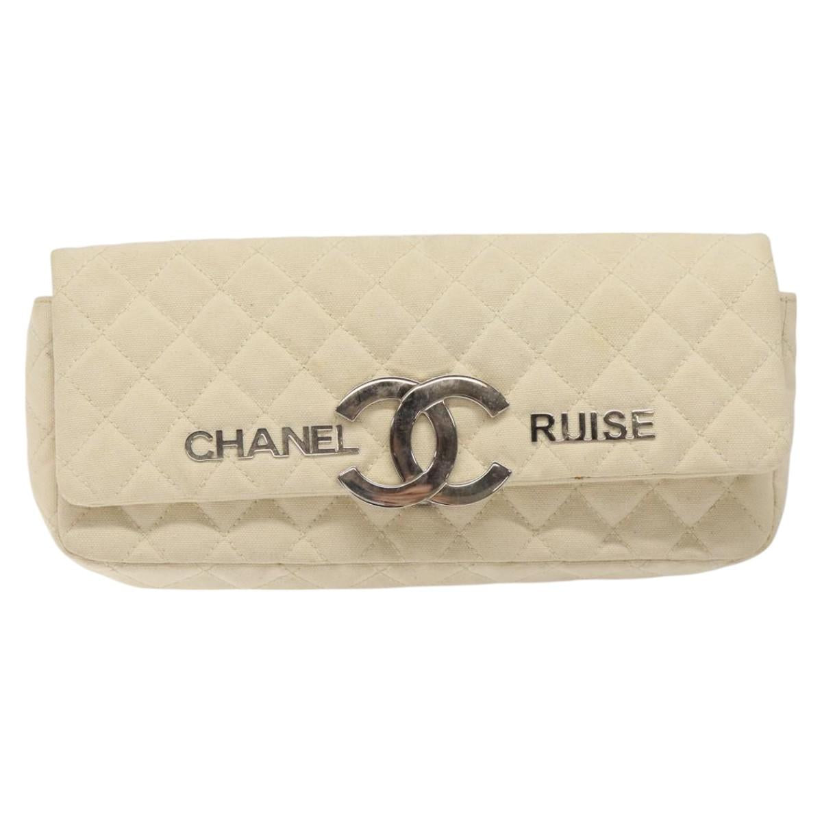 CHANEL Cruise Line Matelasse Clutch Bag Cream Silver CC Auth 118381