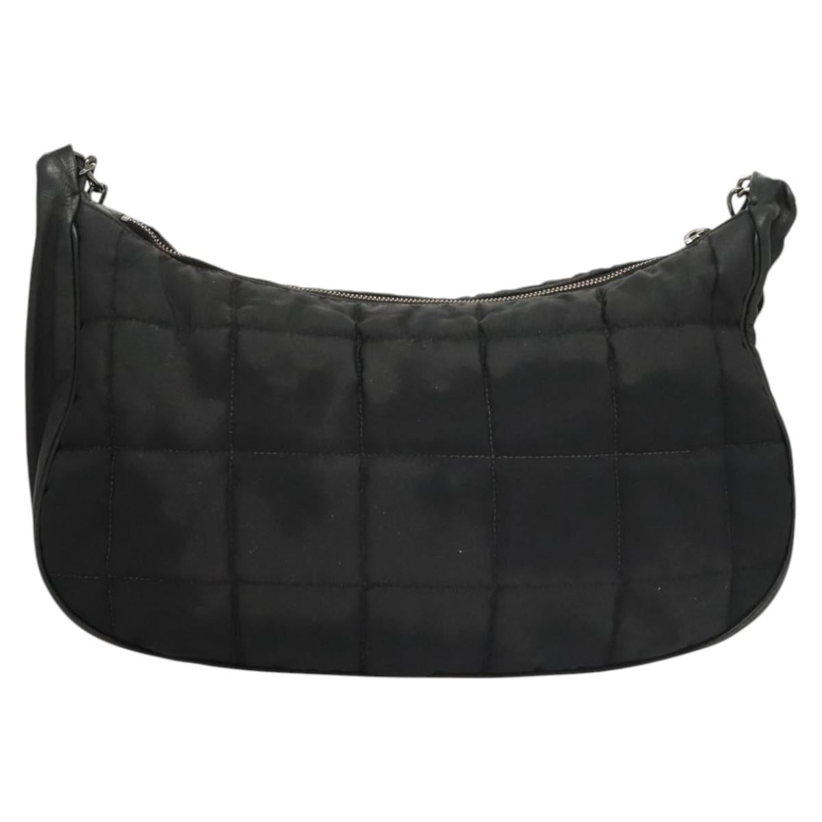 CHANEL Choco Bar Chain Shoulder Bag Nylon Black Silver CC Auth 118385