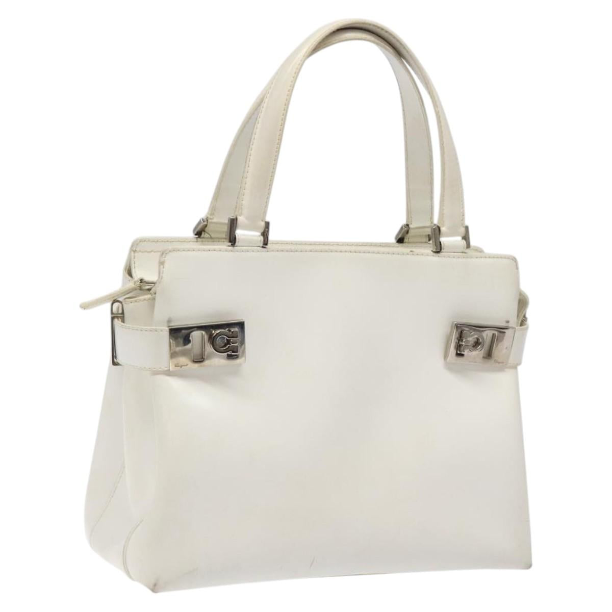 Salvatore Ferragamo Gancini Hand Bag Leather White Silver Auth 118441