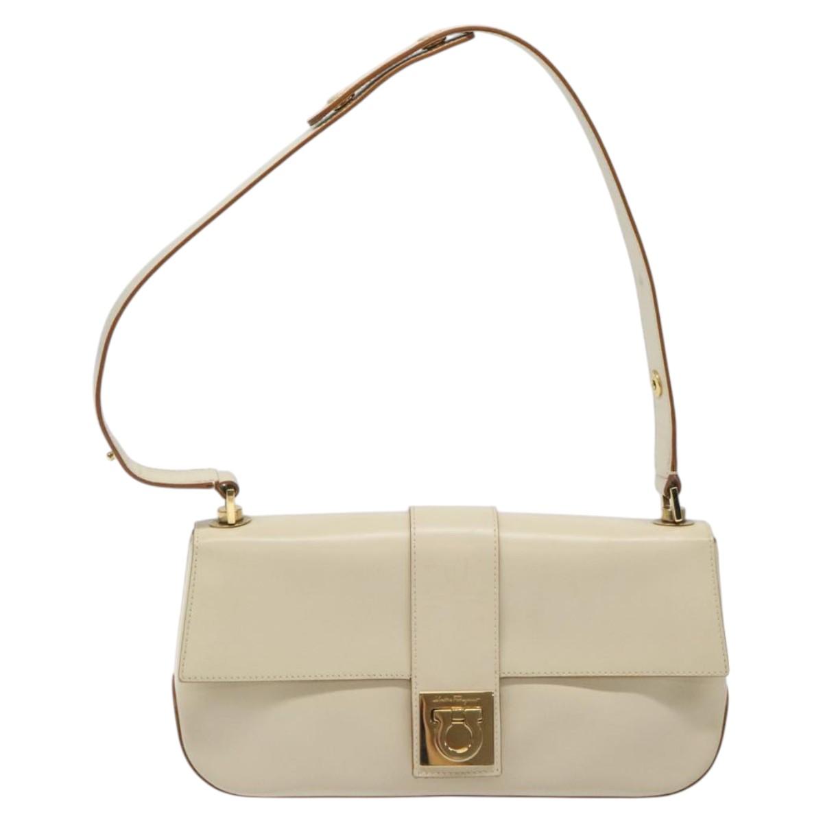 Salvatore Ferragamo Gancini Hand Bag Leather Beige Gold Auth 118442